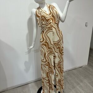 Swirl Print Halter jumpsuit in Cream & Brown